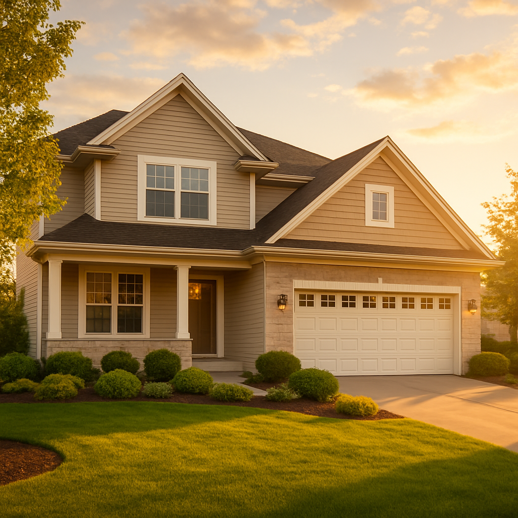 A beautiful, well-maintained suburban home at golden hour